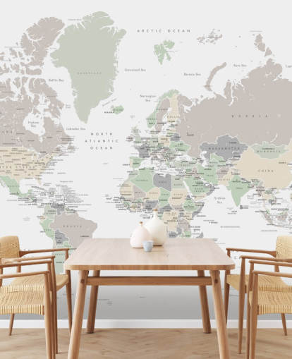 mural de pared con mapa del mundo con capitales en colores pastel