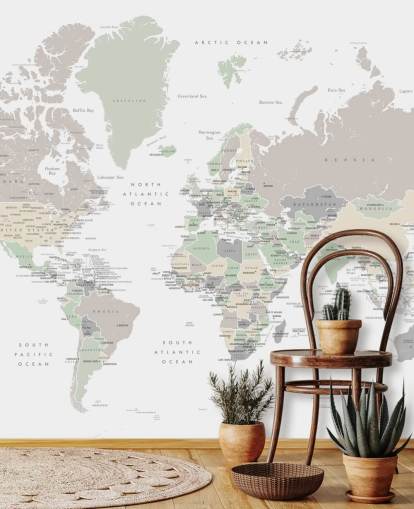 mural de parede do mapa-múndi com capitais em tons pastel