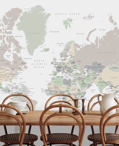 mural de pared con mapa del mundo con capitales en colores pastel