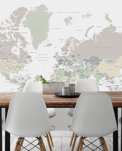 world map wall mural with capital cities in pastel colours