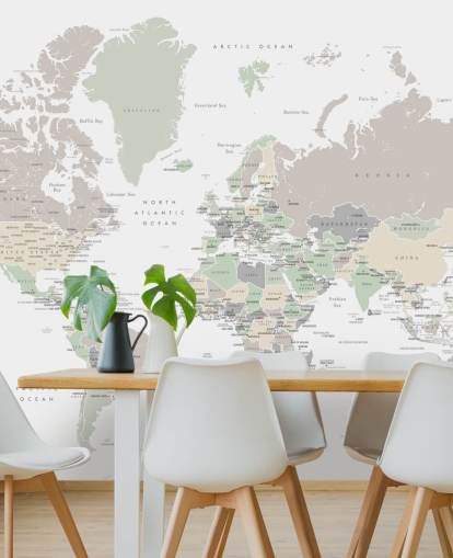 world map wall mural with capital cities in pastel colors