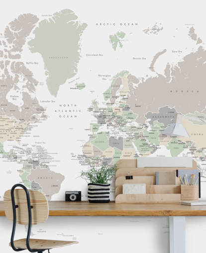 mural de pared con mapa del mundo con capitales en colores pastel