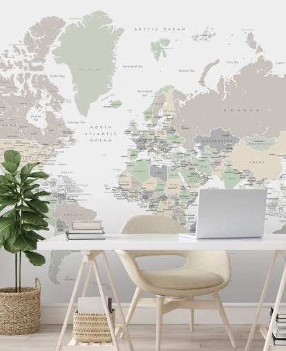 murale con mappa del mondo con capitali in colori pastello