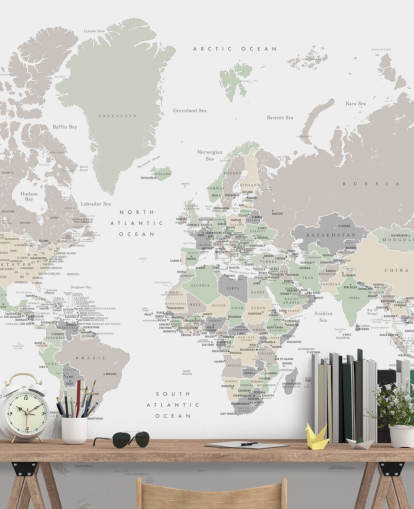 world map wall mural with capital cities in pastel colours