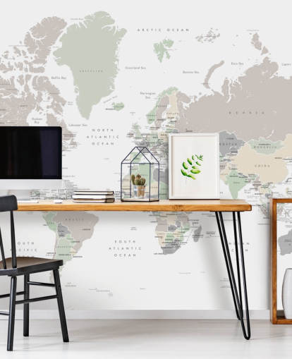 world map wall mural with capital cities in pastel colors