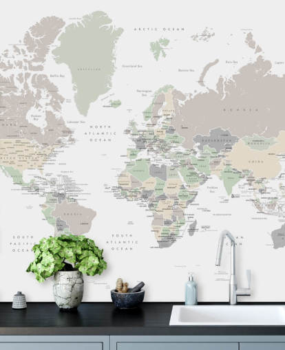 mural de pared con mapa del mundo con capitales en colores pastel