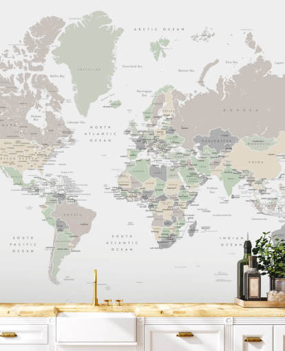 mural de parede do mapa-múndi com capitais em tons pastel