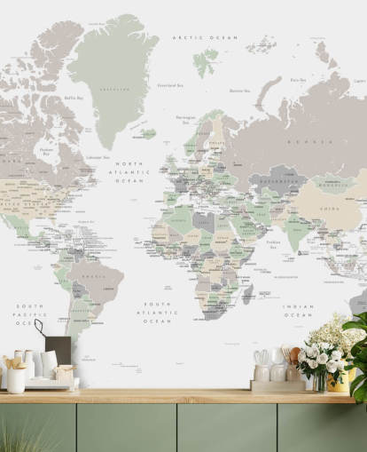 murale con mappa del mondo con capitali in colori pastello