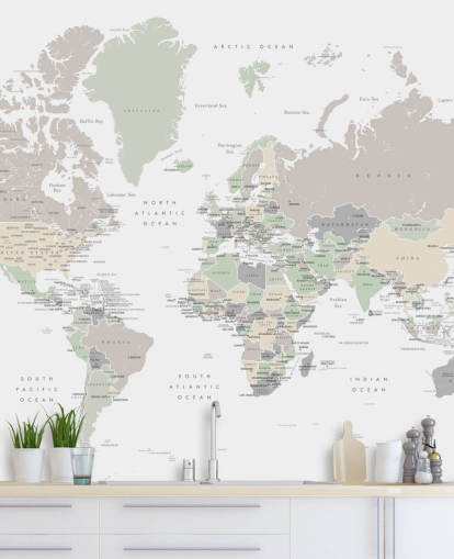 world map wall mural with capital cities in pastel colors