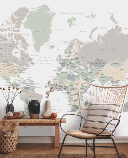 world map wall mural with capital cities in pastel colours
