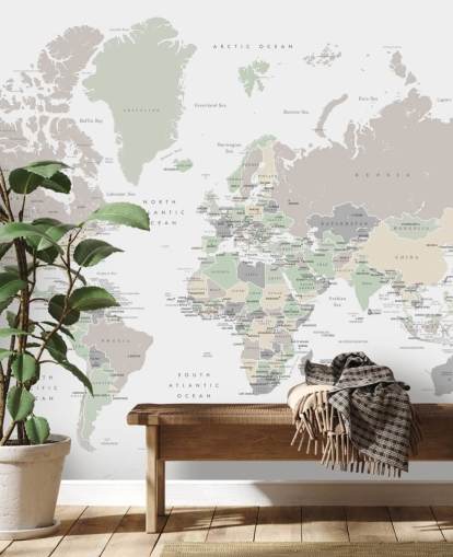 mural de parede do mapa-múndi com capitais em tons pastel