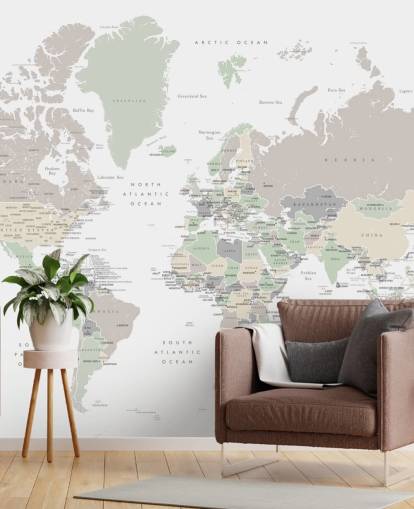 murale con mappa del mondo con capitali in colori pastello