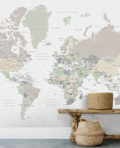 murale con mappa del mondo con capitali in colori pastello