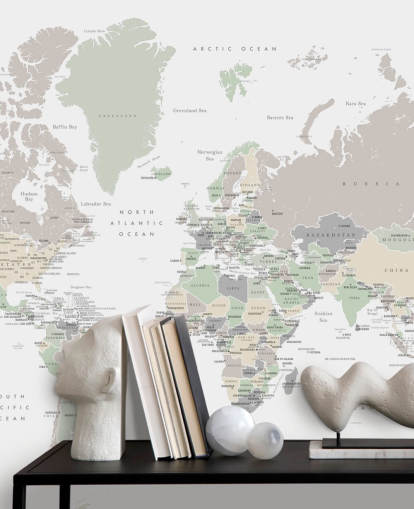 world map wall mural with capital cities in pastel colors