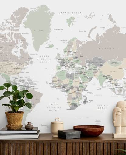 mural de pared con mapa del mundo con capitales en colores pastel