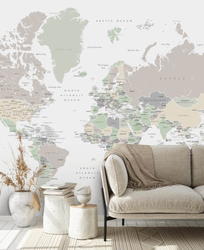 world map wall mural with capital cities in pastel colours