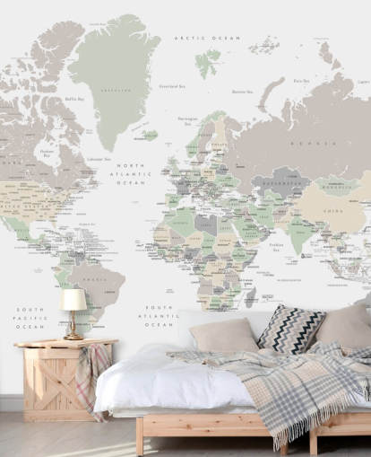 world map wall mural with capital cities in pastel colors