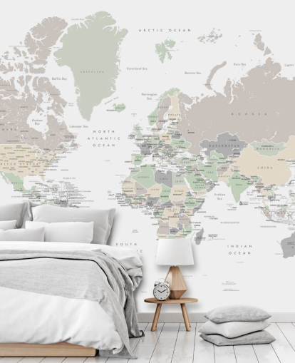 mural de pared con mapa del mundo con capitales en colores pastel