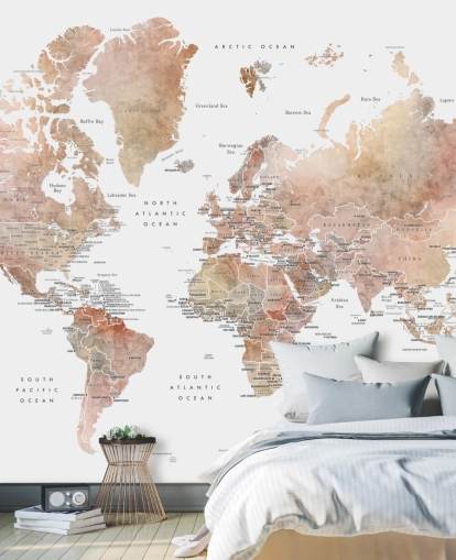 mural de pared con mapa del mundo con capitales en especias