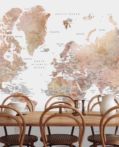 mural de pared con mapa del mundo con capitales en especias