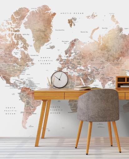 world map wall mural with capital cities in spice