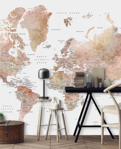 world map wall mural with capital cities in spice