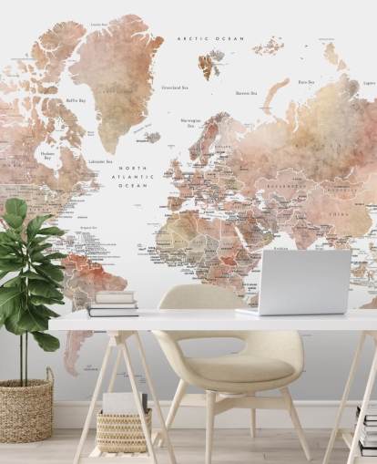 mural de pared con mapa del mundo con capitales en especias