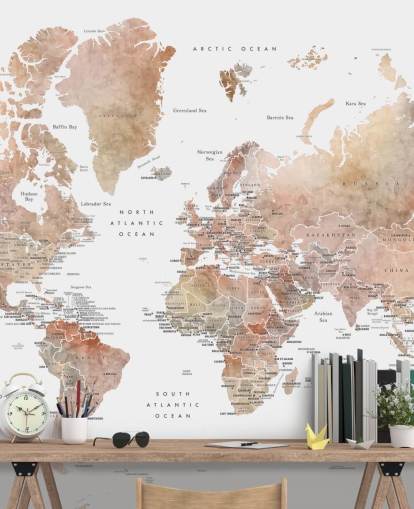 world map wall mural with capital cities in spice