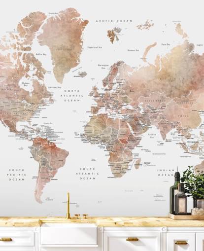 world map wall mural with capital cities in spice
