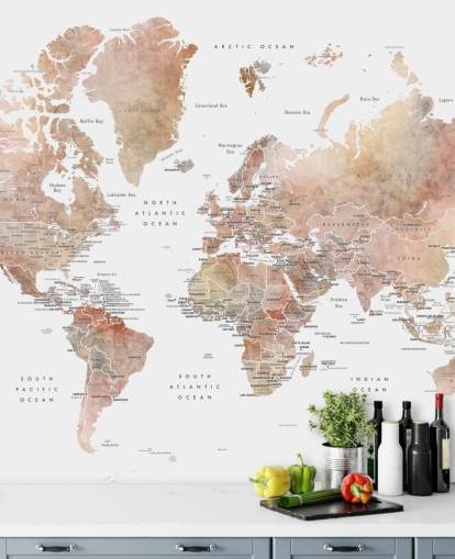 world map wall mural with capital cities in spice