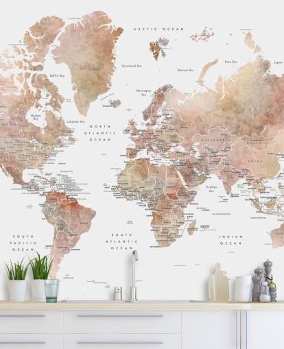 world map wall mural with capital cities in spice