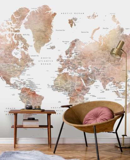 world map wall mural with capital cities in spice