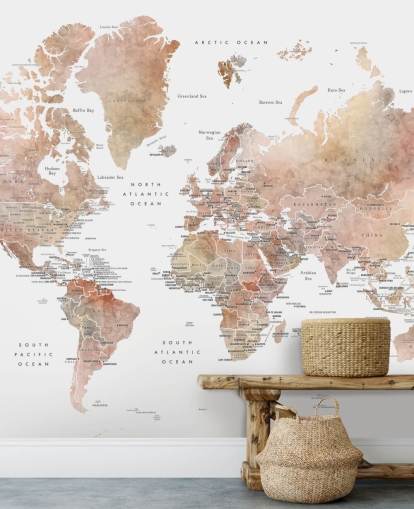 world map wall mural with capital cities in spice
