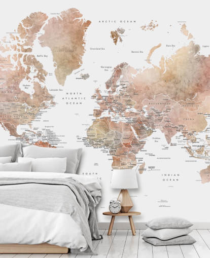 world map wall mural with capital cities in spice