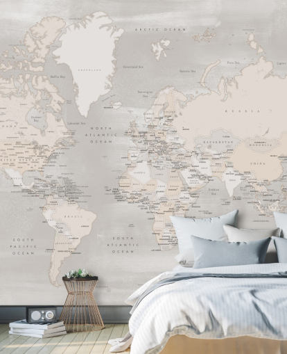 world map mural with capital cities in taupe