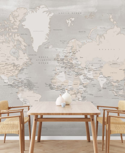 world map mural with capital cities in taupe