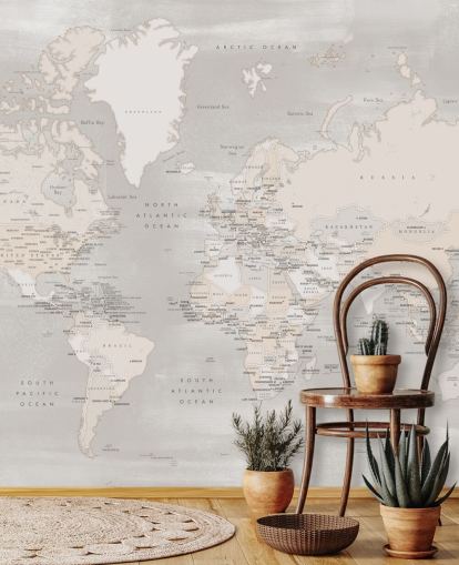wereldkaart muurschildering met hoofdsteden in taupe