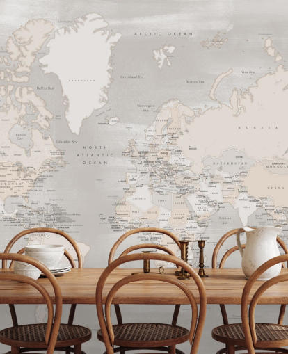 world map mural with capital cities in taupe