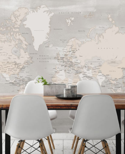 world map mural with capital cities in taupe