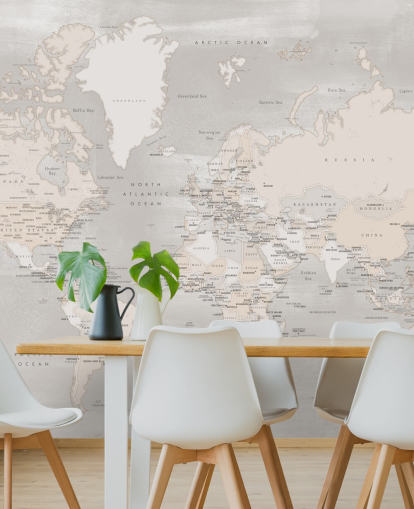 world map mural with capital cities in taupe