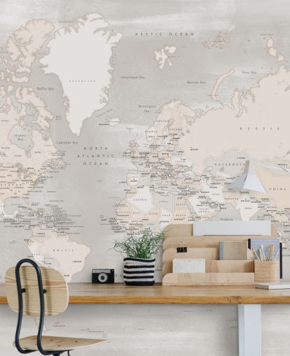 peinture murale de la carte du monde avec les capitales en taupe