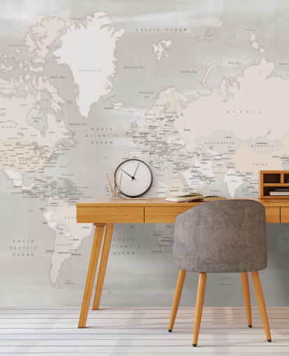 mural de mapa del mundo con capitales en color topo