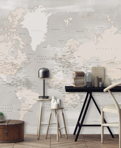 peinture murale de la carte du monde avec les capitales en taupe