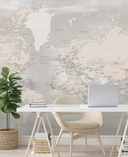 murale con mappa del mondo con capitali in tortora