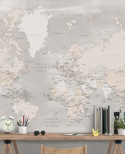 world map mural with capital cities in taupe