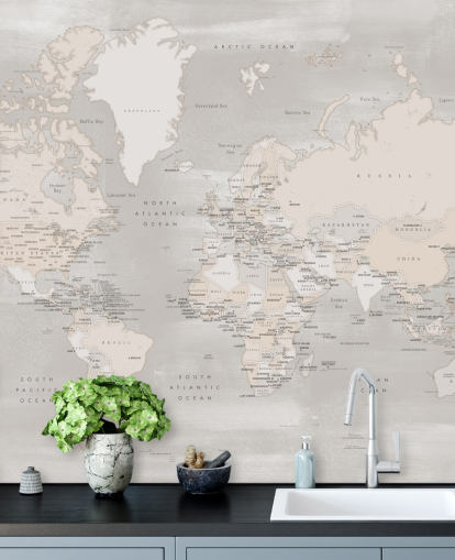 Weltkarten-Wandbild mit Hauptstädten in Taupe