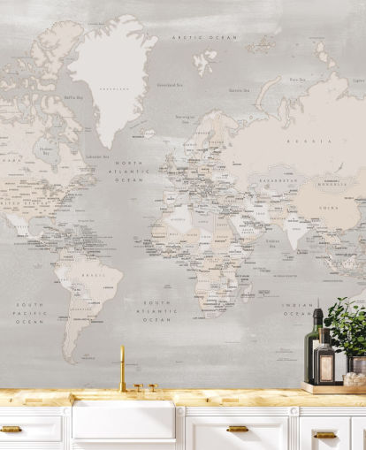 world map mural with capital cities in taupe