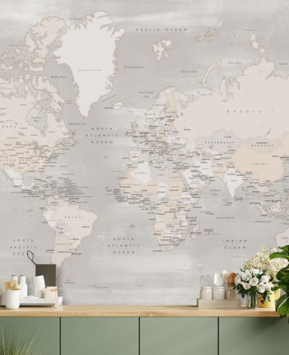 mural do mapa mundial com capitais em taupe