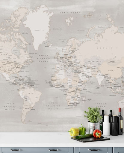 world map mural with capital cities in taupe