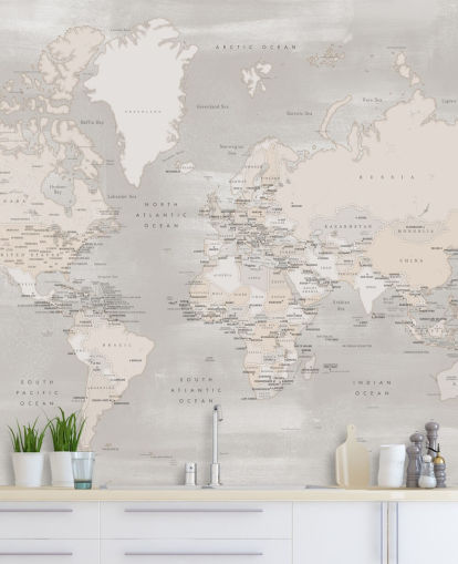 wereldkaart muurschildering met hoofdsteden in taupe wereldkaart muurschildering met hoofdsteden in taupe